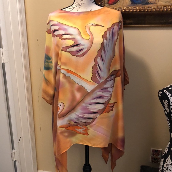 dilemma Tops - 🦢dilemma Dhun Shroff Dolman Sleeved Silk Scarf lightweight painted poncho tunic
